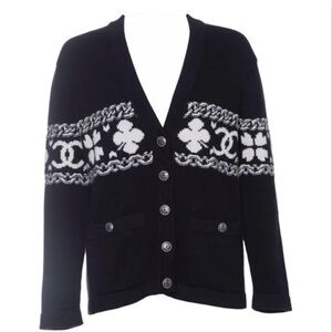 CHANEL Black Cardigan Sweater clover cashmere Authentic